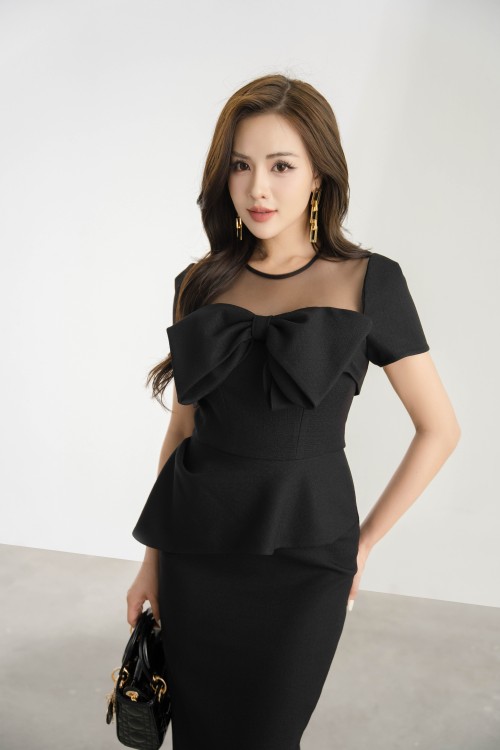 Sixdo Black Midi Raw Dress With Bowtie